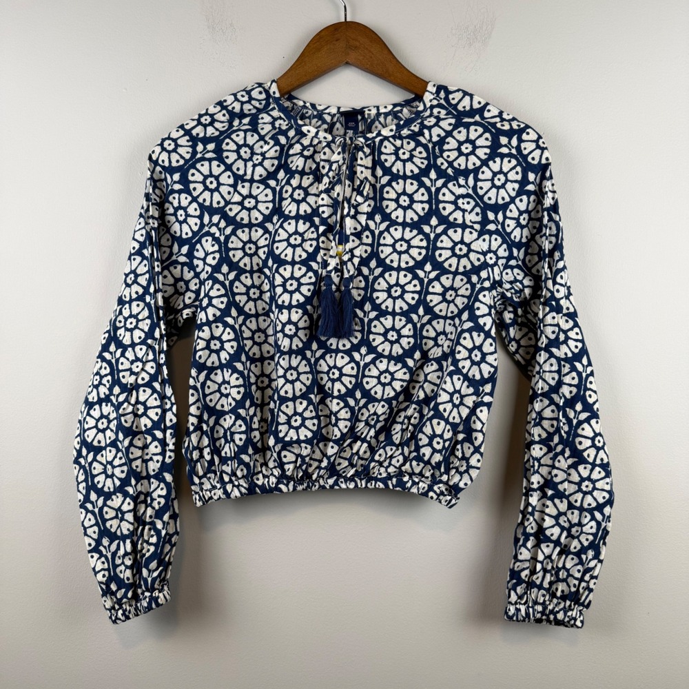 NWT Roller Rabbit Floral Crop Top Women XXS Navy Tassel Boho Coastal Festival